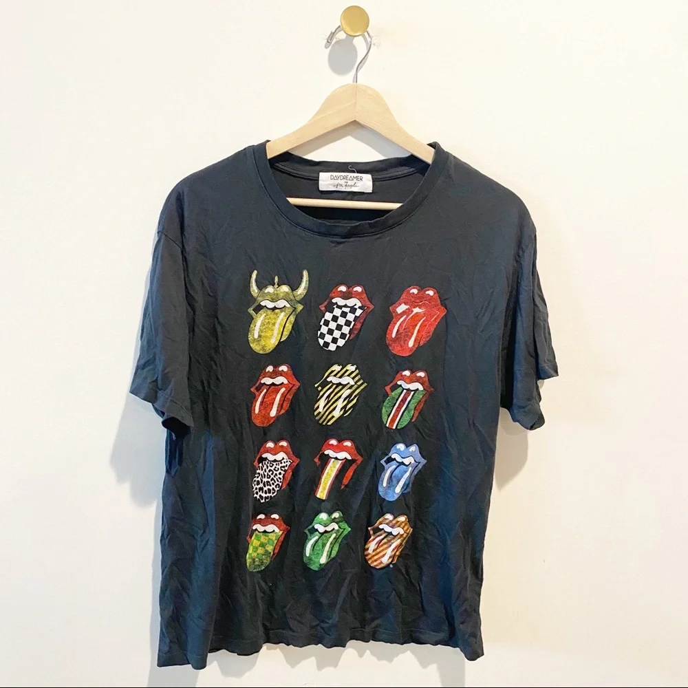 Free People daydreamer Rolling Stones 12 Tongues Black Boyfriend Tee - Picture 3 of 10